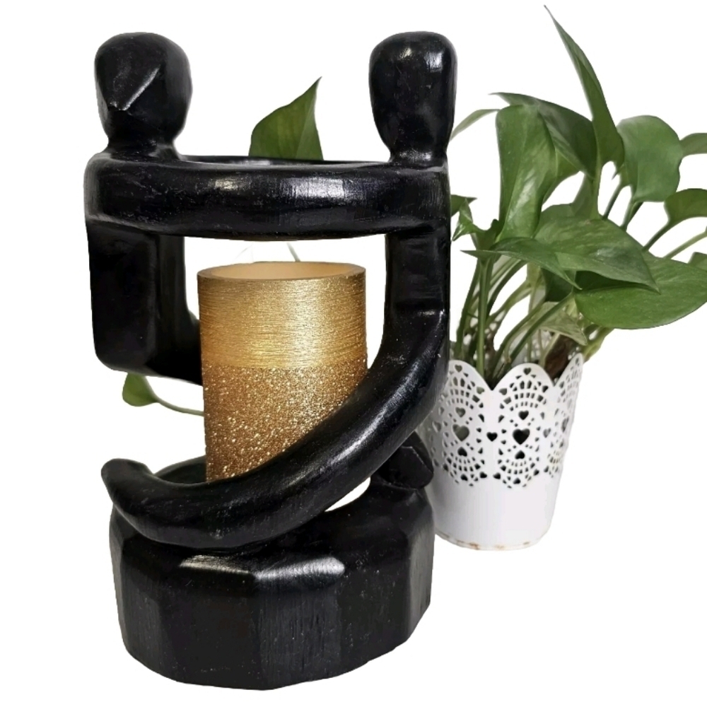Rare Unique Black Handcrafted Wooden Human Sculpture Candle Or Plant  Holder